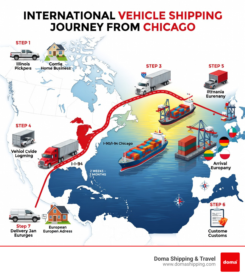 Infographic showing the international vehicle shipping journey from Chicago: Step 1 - Vehicle pickup from Illinois home or business; Step 2 - Inland transport via I-90/I-94 to departure port; Step 3 - Vehicle loaded into container (FCL or LCL) or onto RoRo vessel at Port of Chicago or partner port; Step 4 - Sea freight transit across Atlantic (2 weeks to 2 months); Step 5 - Arrival at European destination port (e.g., Poland, Lithuania, Germany); Step 6 - Customs clearance with required documents (title, HS-7, passport, POA); Step 7 - Final delivery to recipient's address in Europe - international car shipping Chicago infographic 