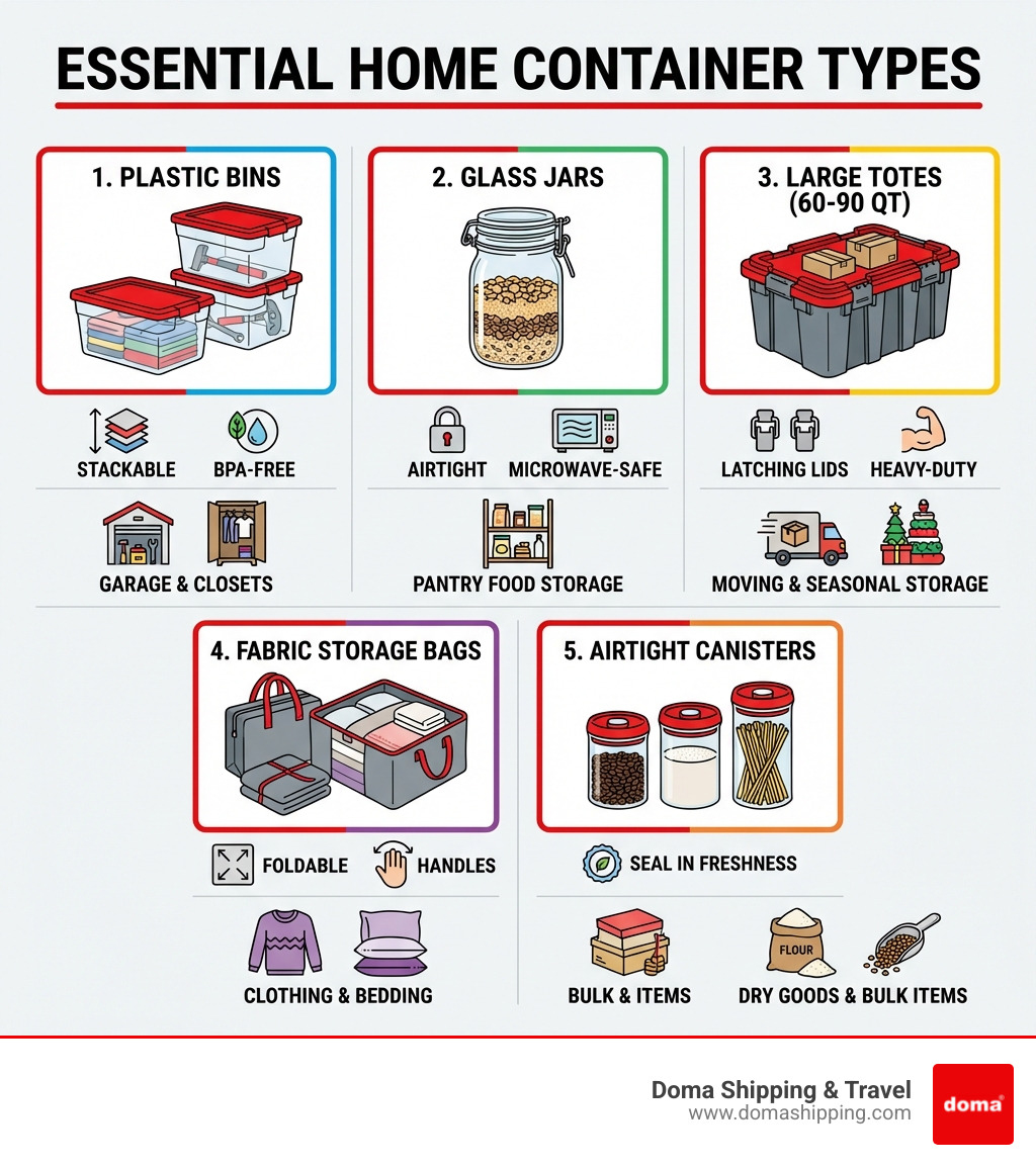 Infographic showing container types for home use: 1) Plastic bins - stackable, BPA-free, ideal for garage and closets; 2) Glass jars - airtight, microwave-safe, best for pantry food storage; 3) Large totes 60-90 quart - latching lids, heavy-duty, for moving and seasonal storage; 4) Fabric storage bags - foldable, handles, for clothing and bedding; 5) Airtight canisters - seal in freshness, for dry goods and bulk items. Each type shown with key features and recommended use cases. - Containers infographic 