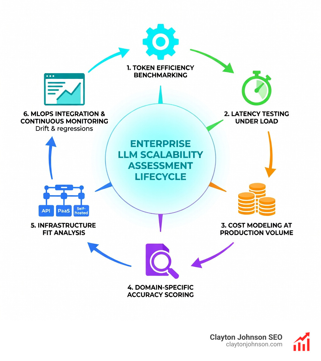 Infographic showing the LLM scalability assessment lifecycle: six evaluation stages from token efficiency benchmarking and latency testing under load, to cost modeling at production volume, domain-specific accuracy scoring, infrastructure fit analysis across API vs PaaS vs self-hosted deployment, and MLOps integration with continuous monitoring for drift and regressions, displayed as a circular flow diagram with enterprise icons on a white background - How assess LLM scalability enterprise infographic 