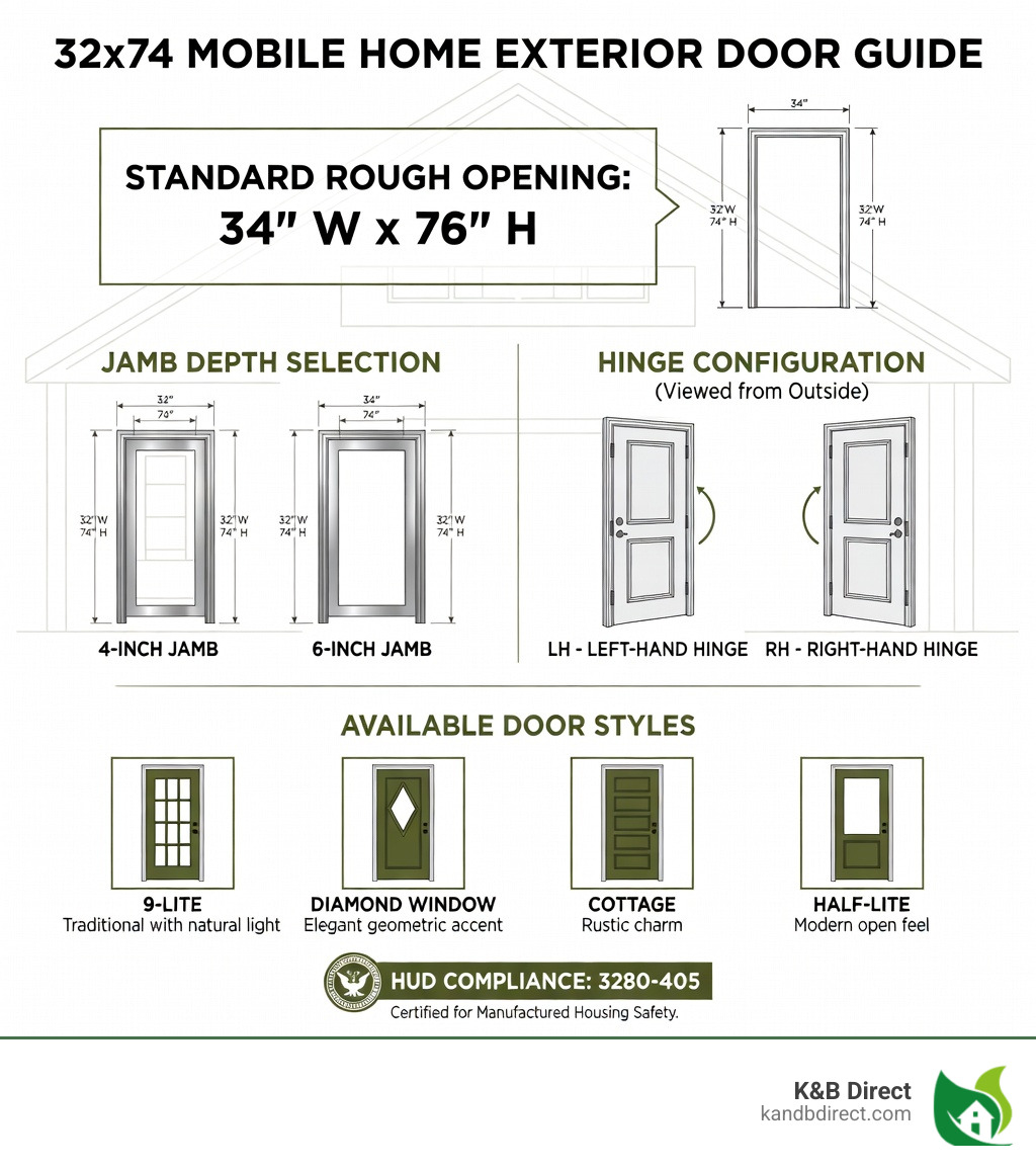 Infographic showing 32x74 mobile home door components including rough opening dimensions of 34x76, jamb depth options of 4-inch and 6-inch, hinge orientation diagrams for LH and RH from exterior view, door styles including 9-lite window and diamond window, and HUD compliance standard 3280-405 - 32x74 mobile home door infographic 