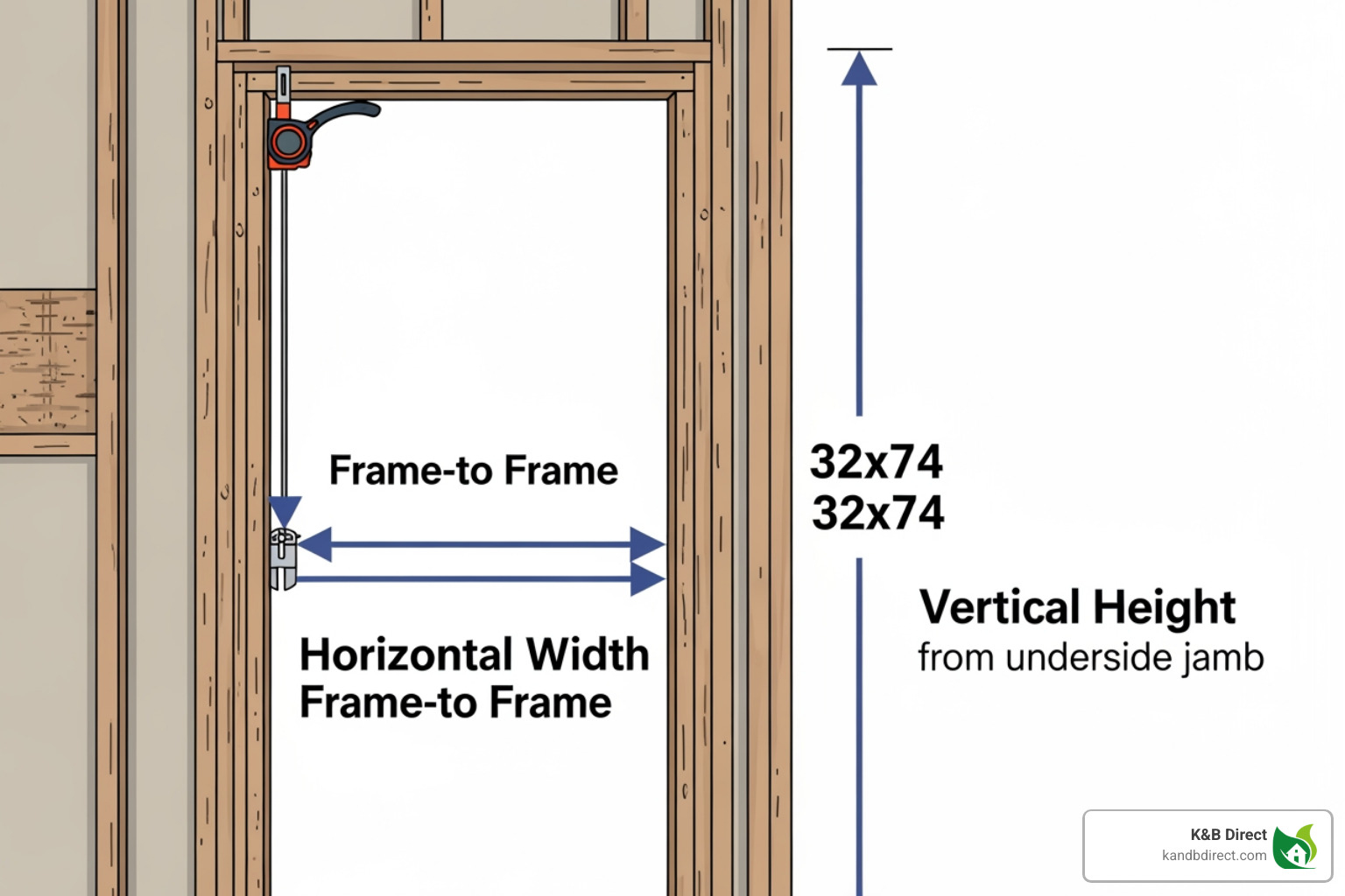 Graphic showing the correct way to measure a door opening, emphasizing the frame-to-frame horizontal and vertical measurements - 32x74 mobile home door