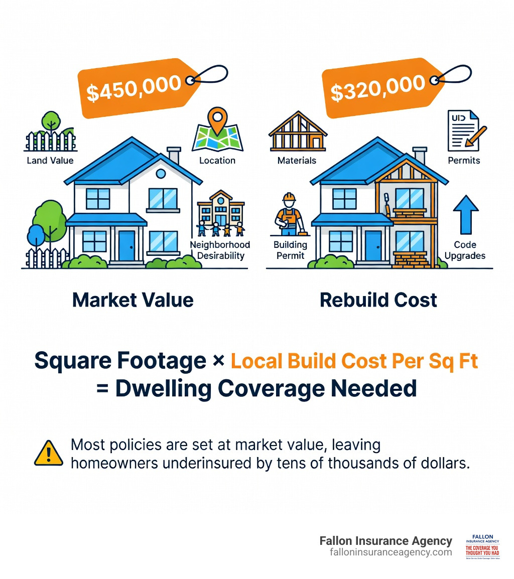 Infographic comparing Rebuild Cost vs. Market Value: two side-by-side house illustrations showing that Market Value includes land value, location, and neighborhood desirability (total example: $450,000), while Rebuild Cost includes only materials, labor, permits, and code upgrades (total example: $320,000 per square foot calculation); a formula at the bottom reads: Square Footage x Local Build Cost Per Sq Ft = Dwelling Coverage Needed; a warning note states that most policies are set at market value, leaving homeowners underinsured by tens of thousands of dollars - Home insurance cost per square foot infographic 