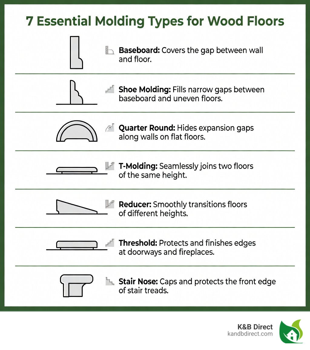 Infographic showing 7 types of molding for wood floors in a vertical comparison layout: baseboard at top with label 'covers wall-to-floor gap', shoe molding labeled 'fills gaps on uneven floors', quarter round labeled 'covers expansion gaps on level floors', T-molding labeled 'equal height floor transitions', reducer labeled 'unequal height transitions', threshold labeled 'doorways and hearths', and stair nose at bottom labeled 'stair step edge finishing', each with a simple cross-section profile illustration and a one-line use case - molding for wood floors infographic Infographic showing 7 types of molding for wood floors in a vertical comparison layout: baseboard at top with label 'covers wall-to-floor gap', shoe molding labeled 'fills gaps on uneven floors', quarter round labeled 'covers expansion gaps on level floors', T-molding labeled 'equal height floor transitions', reducer labeled 'unequal height transitions', threshold labeled 'doorways and hearths', and stair nose at bottom labeled 'stair step edge finishing', each with a simple cross-section profile illustration and a one-line use case - molding for wood floors infographic