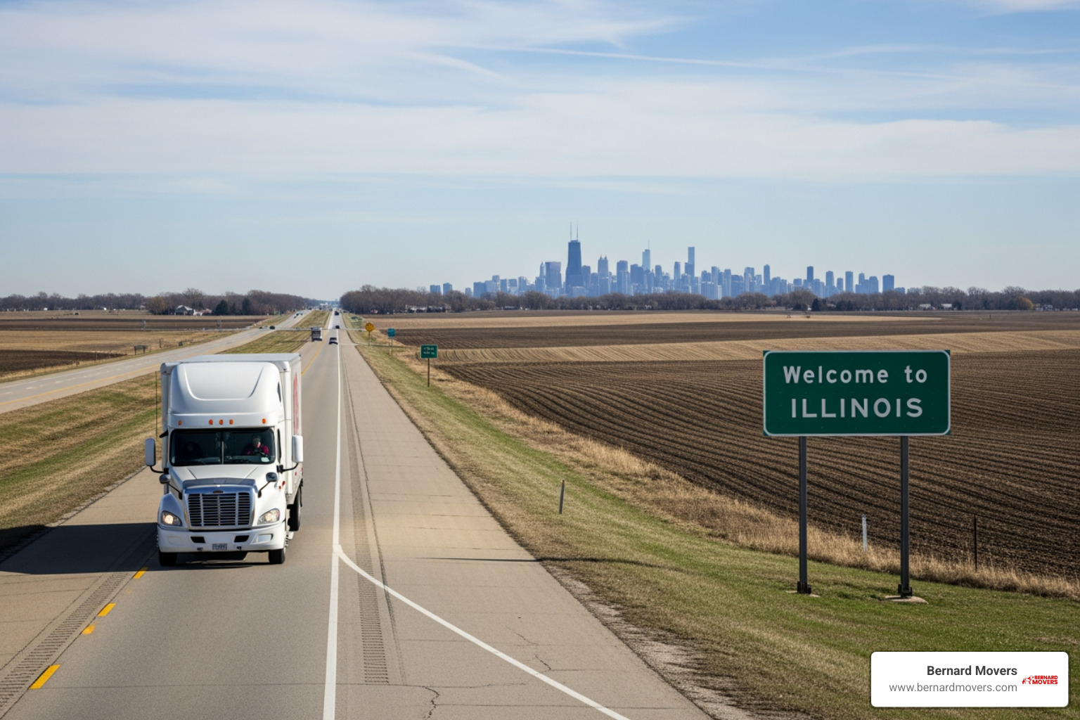 Moving truck on an Illinois highway heading toward the state border - budget truck rental out of state