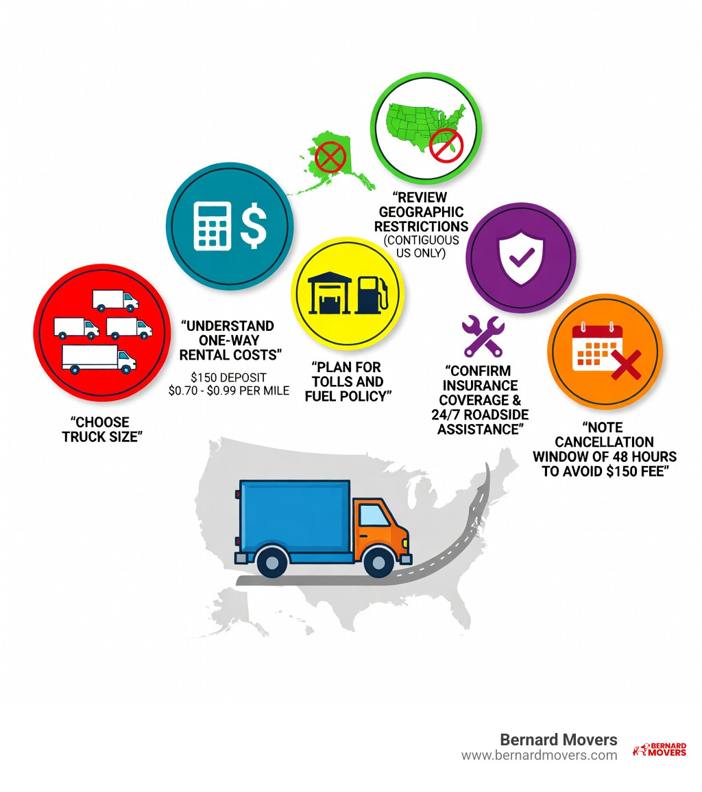 Infographic showing the out-of-state moving process from Illinois: step 1 choose truck size (cargo van, 12ft, 16ft, or 26ft), step 2 understand one-way rental costs including $150 deposit and $0.70-$0.99 per mile rates, step 3 review geographic restrictions (contiguous US only), step 4 plan for tolls and fuel policy, step 5 confirm insurance coverage and 24/7 roadside assistance, step 6 note cancellation window of 48 hours to avoid $150 fee - budget truck rental out of state infographic 