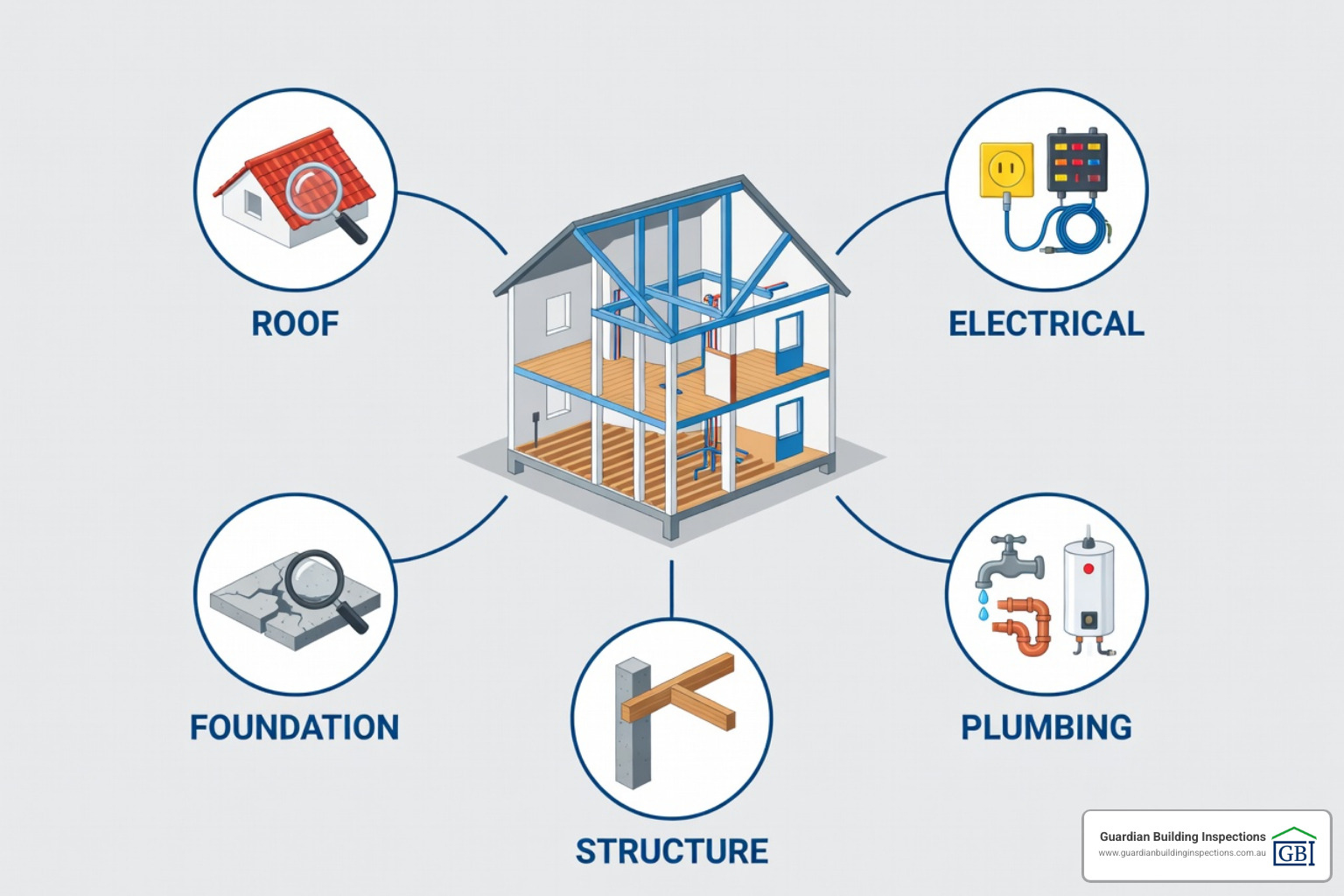 Infographic showing what a Melbourne building inspection covers: structural assessment including walls, foundations, sub-floor and roof framing; roofing and gutters; moisture and rising damp; pest and termite activity; internal and external safety hazards; NCC and AS4349.1-2007 compliance; with statistics showing 70% of major structural defects found in sub-floor space and 40% in roof space - Melbourne building inspection infographic Infographic showing what a Melbourne building inspection covers: structural assessment including walls, foundations, sub-floor and roof framing; roofing and gutters; moisture and rising damp; pest and termite activity; internal and external safety hazards; NCC and AS4349.1-2007 compliance; with statistics showing 70% of major structural defects found in sub-floor space and 40% in roof space - Melbourne building inspection infographic