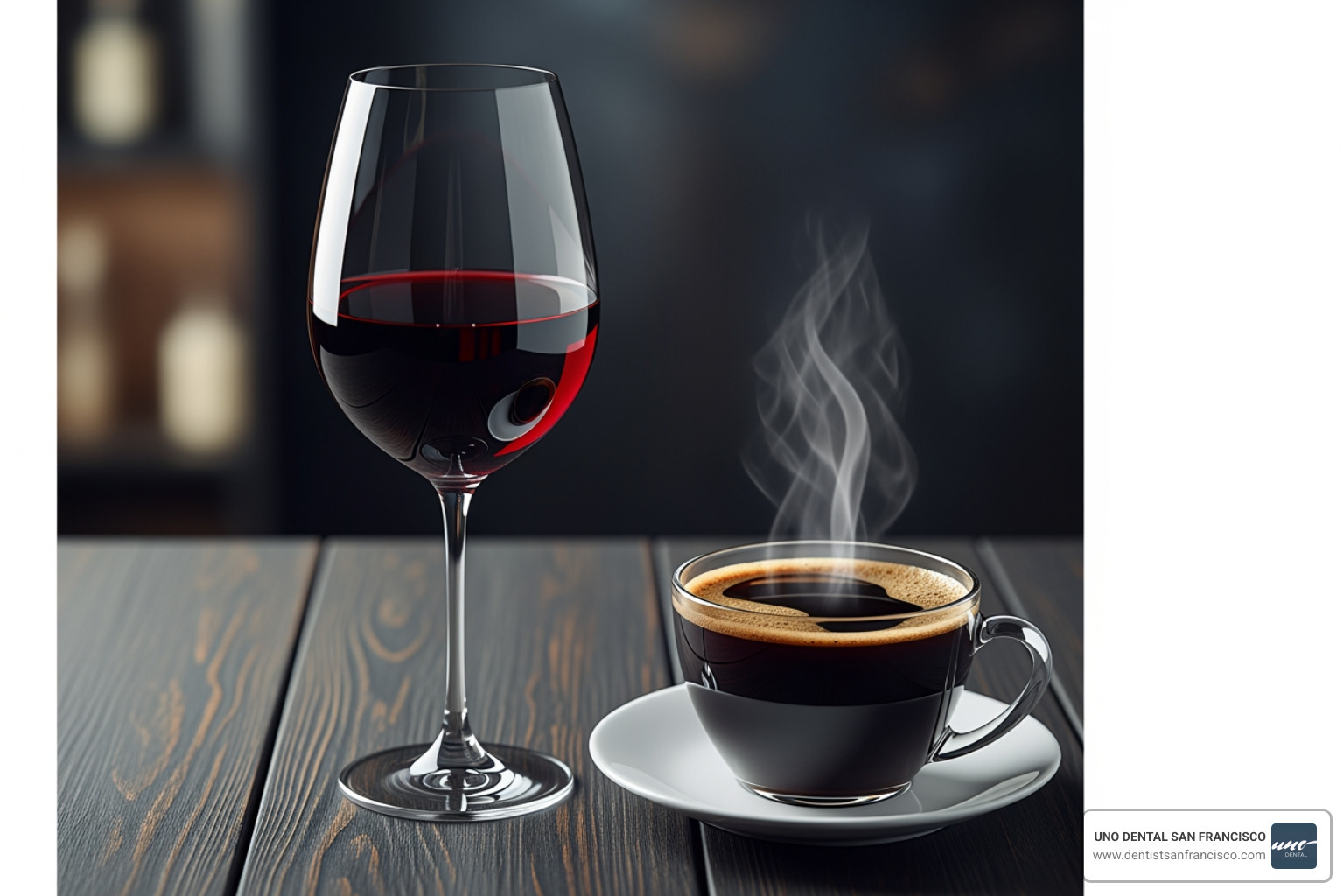 A glass of dark red wine and a cup of black coffee on a dark background, illustrating common staining beverages - eating after whitening A glass of dark red wine and a cup of black coffee on a dark background, illustrating common staining beverages - eating after whitening