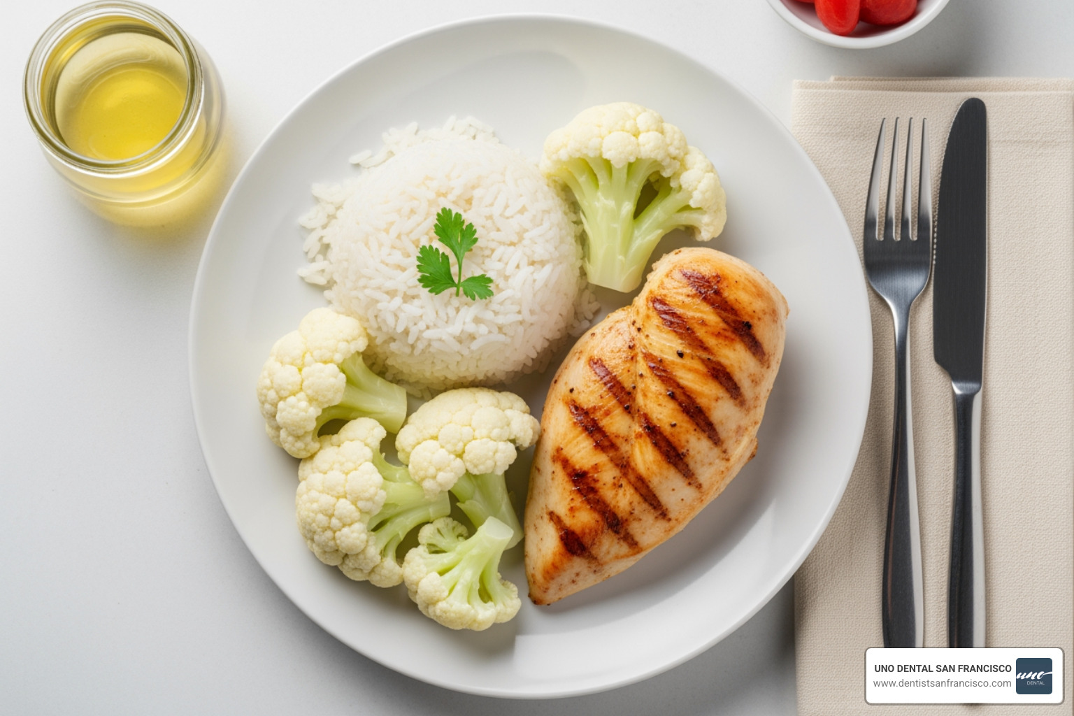 A healthy meal featuring grilled chicken breast, white rice, and steamed cauliflower on a white plate - eating after whitening A healthy meal featuring grilled chicken breast, white rice, and steamed cauliflower on a white plate - eating after whitening