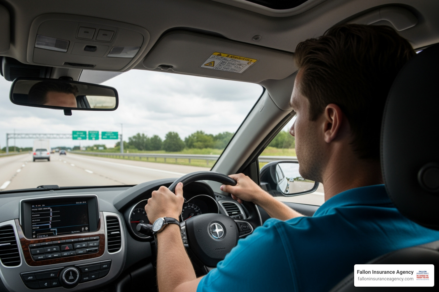 A focused driver checking their blind spot and mirrors while navigating a busy highway, demonstrating active hazard recognition - defensive driving course savings