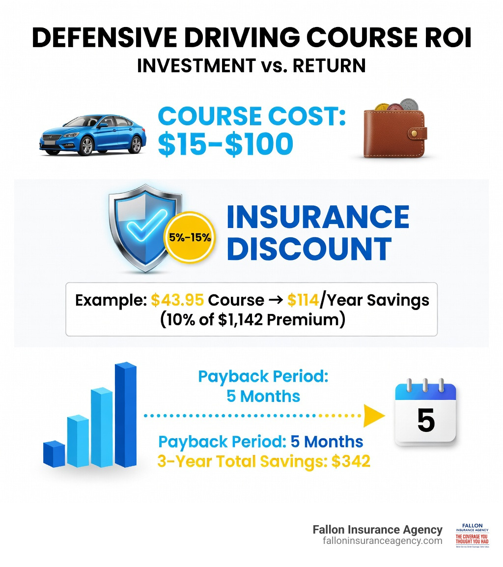Infographic showing the ROI of a defensive driving course: course cost range $15-$100, typical insurance discount 5-15%, example savings of $114/year on a $1,142 premium with a $43.95 course cost, payback period of 5 months, and three-year total savings of $342 after a single course completion - defensive driving course savings infographic 