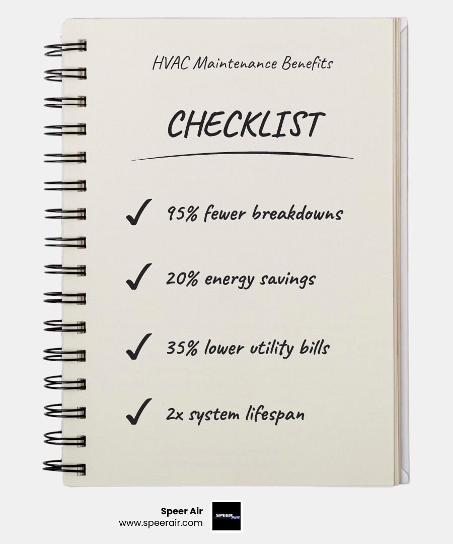 Infographic showing the financial benefits of regular HVAC maintenance including 95% fewer breakdowns, 20% energy savings, up to 35% lower utility bills, doubled system lifespan from 10 to 20+ years, and annual savings of $200-$400 on energy costs with a side-by-side comparison of maintained vs unmaintained HVAC systems - "What are the best HVAC maintenance programs available in Denville?" infographic checklist-notebook Infographic showing the financial benefits of regular HVAC maintenance including 95% fewer breakdowns, 20% energy savings, up to 35% lower utility bills, doubled system lifespan from 10 to 20+ years, and annual savings of $200-$400 on energy costs with a side-by-side comparison of maintained vs unmaintained HVAC systems - "What are the best HVAC maintenance programs available in Denville?" infographic checklist-notebook