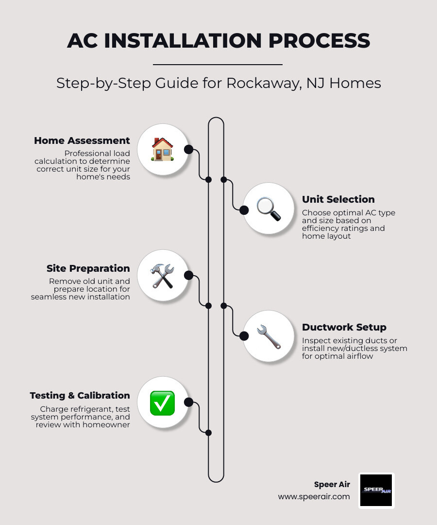 Step-by-step infographic showing the AC installation process in Rockaway NJ: Step 1 - Home assessment and load calculation; Step 2 - Choosing the right AC unit type and size; Step 3 - Site preparation and old unit removal; Step 4 - Ductwork inspection or new duct/ductless setup; Step 5 - Unit installation and refrigerant charging; Step 6 - System testing and calibration; Step 7 - Walkthrough with homeowner and maintenance plan setup - "I need to find a company for a new AC installation in Rockaway, NJ." infographic infographic-line-5-steps-elegant_beige Step-by-step infographic showing the AC installation process in Rockaway NJ: Step 1 - Home assessment and load calculation; Step 2 - Choosing the right AC unit type and size; Step 3 - Site preparation and old unit removal; Step 4 - Ductwork inspection or new duct/ductless setup; Step 5 - Unit installation and refrigerant charging; Step 6 - System testing and calibration; Step 7 - Walkthrough with homeowner and maintenance plan setup - "I need to find a company for a new AC installation in Rockaway, NJ." infographic infographic-line-5-steps-elegant_beige