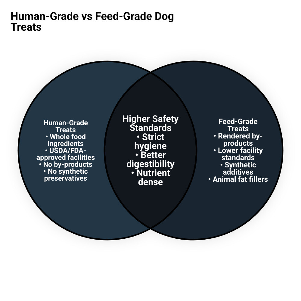 Infographic Comparing Human-Grade Vs Feed-Grade Dog Treats: Two-Column Layout Showing Human-Grade On The Left With Icons For Whole Food Ingredients, Usda-Approved Facilities, No By-Products, No Synthetic Preservatives, And Strict Hygiene Standards; Feed-Grade On The Right With Icons For Rendered By-Products, Lower Facility Standards, Synthetic Additives, And Animal Fat Fillers; Bottom Section Shows Key Benefits Of Human-Grade Including Better Digestibility, Allergy-Friendliness, And Higher Nutrient Density - Human Grade Dog Treats Infographic Venn_Diagram
