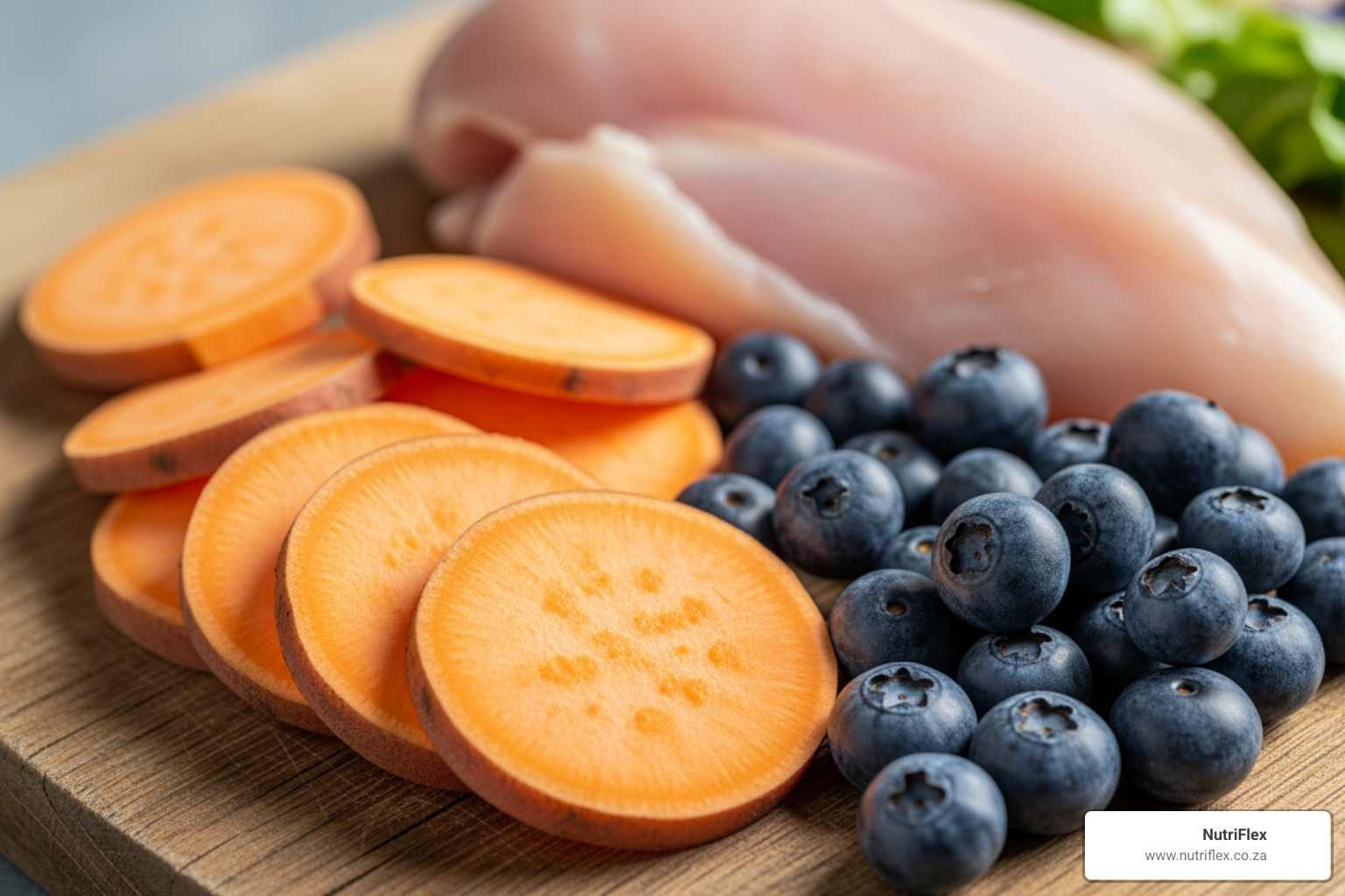 Fresh Whole Food Ingredients Like Chicken Breast, Sweet Potato, And Blueberries On A Wooden Board - Human Grade Dog Treats