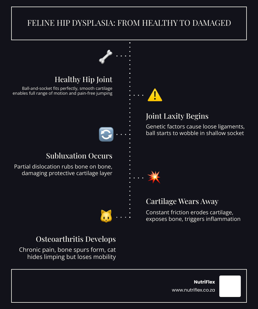 Infographic Showing Feline Hip Anatomy Including The Ball-And-Socket Joint, How Subluxation Occurs In Hip Dysplasia, The Progression From Joint Laxity To Cartilage Wear And Osteoarthritis, And A Side-By-Side Comparison Of A Healthy Cat Hip Joint Versus A Dysplastic One, With Callouts For Key Natural Support Strategies Including Supplements, Weight Management, And Physical Therapy - Cat Hip Dysplasia Natural Support Infographic Infographic-Line-5-Steps-Dark Infographic Showing Feline Hip Anatomy Including The Ball-And-Socket Joint, How Subluxation Occurs In Hip Dysplasia, The Progression From Joint Laxity To Cartilage Wear And Osteoarthritis, And A Side-By-Side Comparison Of A Healthy Cat Hip Joint Versus A Dysplastic One, With Callouts For Key Natural Support Strategies Including Supplements, Weight Management, And Physical Therapy - Cat Hip Dysplasia Natural Support Infographic Infographic-Line-5-Steps-Dark