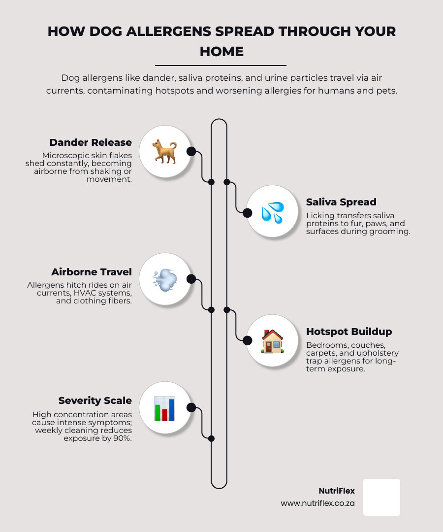 Infographic Showing How Dog Allergens — Including Dander, Saliva Proteins, And Urine Particles — Spread Through A Home Via Air Currents, Furniture, Bedding, And Clothing, With Labeled Hotspots Like The Bedroom, Couch, And Carpet, Plus A Severity Scale And Top 5 Home Remedies To Reduce Exposure - Home Dog Allergy Remedies Infographic Infographic-Line-5-Steps-Elegant_Beige