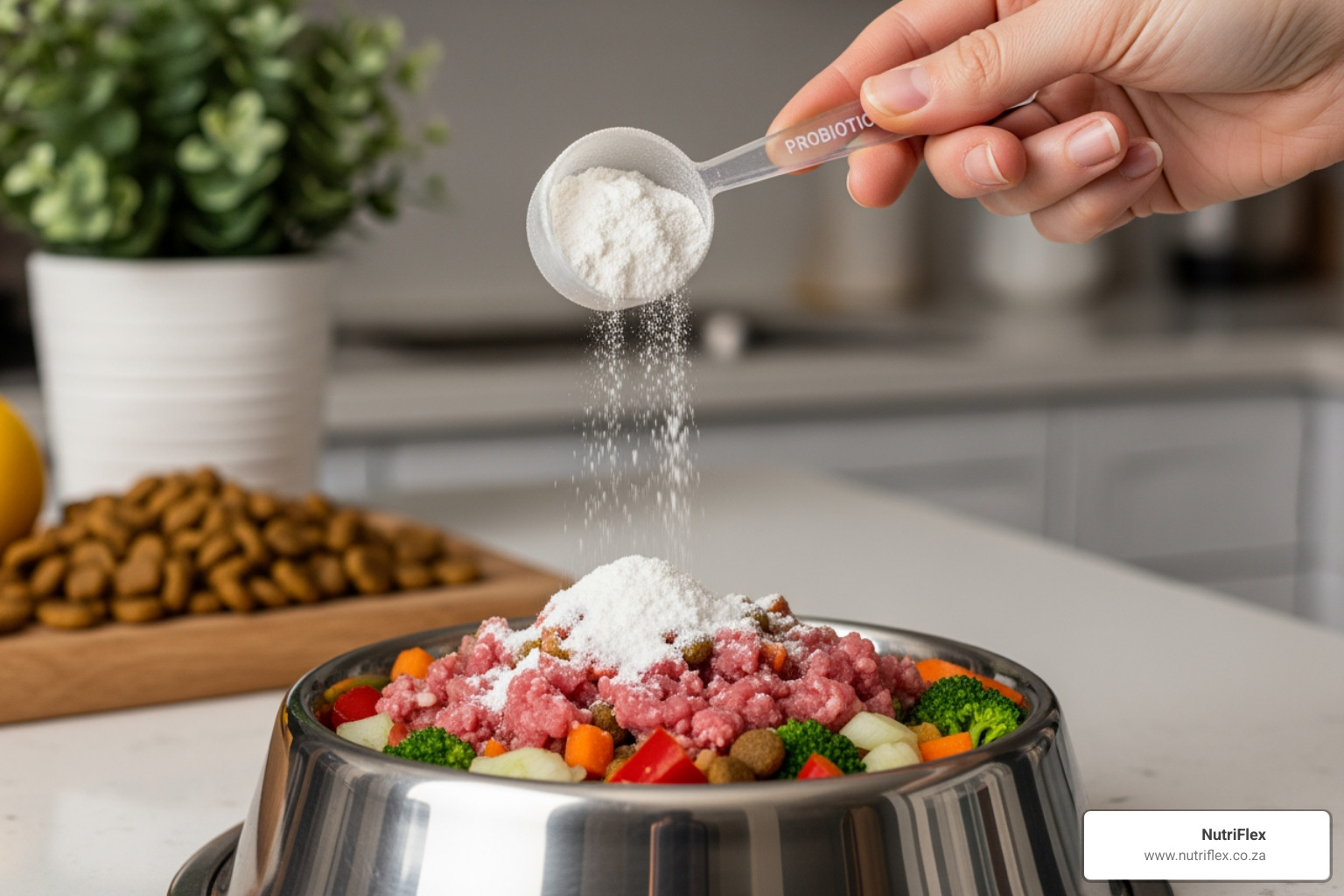 Adding Probiotic Powder To A Bowl Of Fresh Dog Food - Best Probiotic For Pitbulls