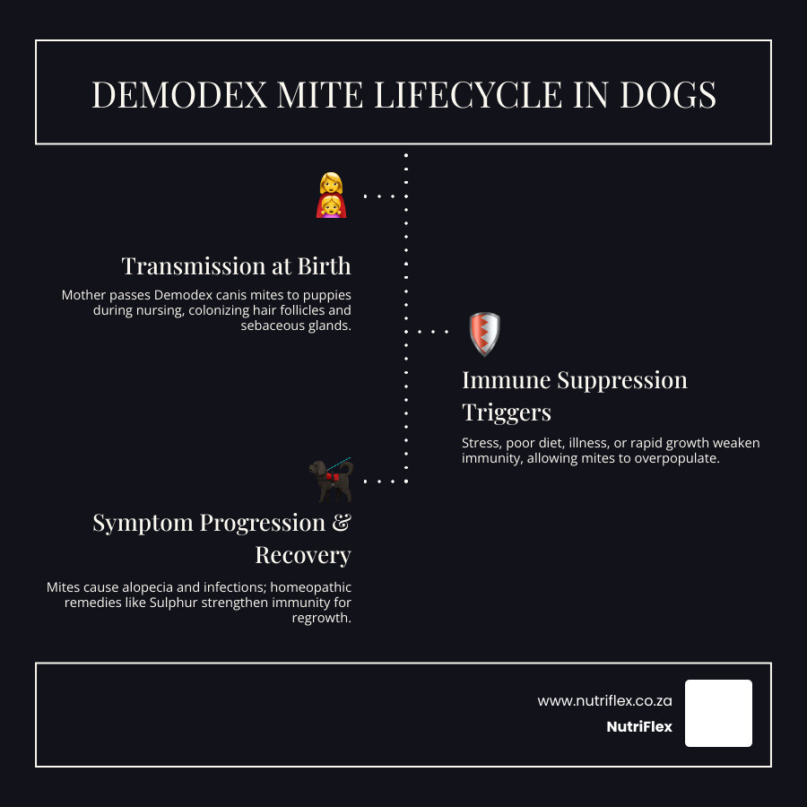 Infographic Showing The Lifecycle Of Demodex Canis Mites On Dogs, From Mother-To-Puppy Transmission At Birth, Mite Colonization In Hair Follicles And Sebaceous Glands, Immune Suppression Triggers (Stress, Poor Diet, Illness, Vaccination), Mite Overpopulation Causing Localized Then Generalized Mange Symptoms, And The Immune-Strengthening Recovery Pathway Using Homeopathic Remedies Like Sulphur And Graphites, Diet Improvements, And Gut Health Support - Homeopathic Treatment For Demodectic Mange In Dogs Infographic Infographic-Line-3-Steps-Dark