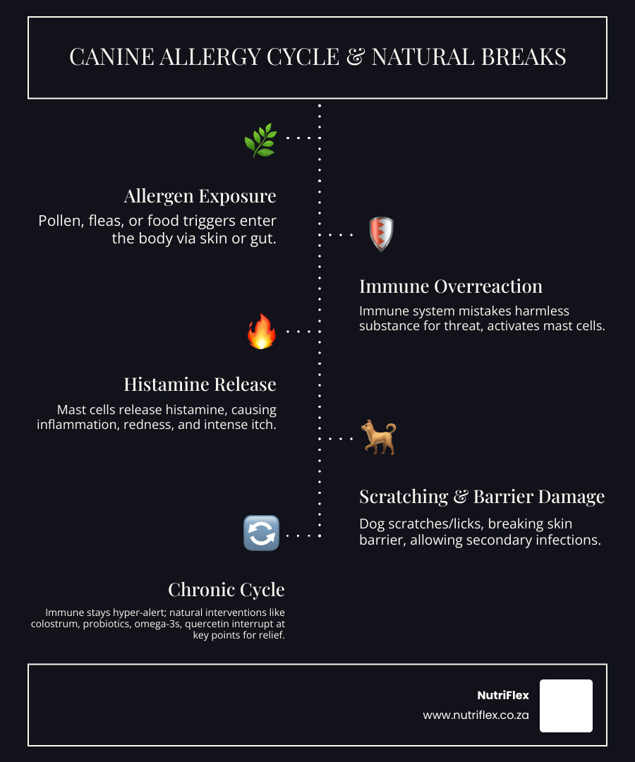 Infographic Showing The Canine Allergy Cycle: Allergen Exposure Triggers Immune Response, Mast Cells Release Histamine, Skin Becomes Inflamed And Itchy, Dog Scratches And Licks, Skin Barrier Breaks Down Allowing Secondary Infections, Immune System Stays On High Alert — And How Natural Interventions Like Probiotics, Colostrum, Omega-3S, And Quercetin Can Interrupt This Cycle At Different Points - Dog Skin Allergy Treatment Natural Infographic Infographic-Line-5-Steps-Dark