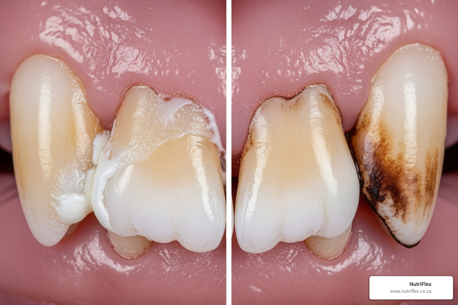 Close-Up Comparison Of A Dog's Tooth With Soft, Clear Plaque Versus A Tooth With Hard, Brown Tartar Buildup Along The Gumline - Tartar On Dogs Teeth