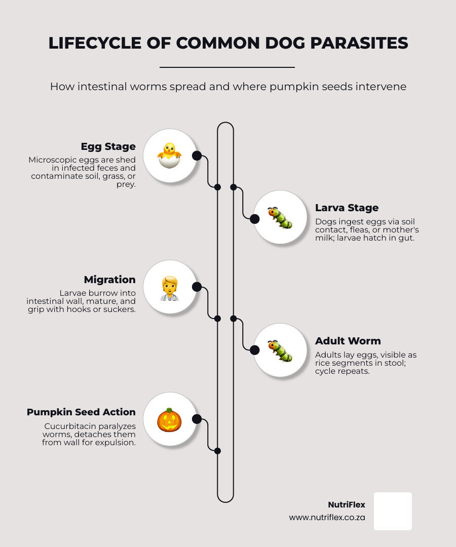 Infographic Showing The Lifecycle Of Common Dog Parasites Including Tapeworms, Roundworms, Hookworms, And Whipworms — From Egg To Larva To Adult — With Icons Showing Transmission Routes Such As Soil Contact, Flea Ingestion, And Mother's Milk, Alongside A Sidebar Noting Where Pumpkin Seed Cucurbitacin Intervenes In The Cycle - Pumpkin Seeds For Deworming Dogs Infographic Infographic-Line-5-Steps-Elegant_Beige