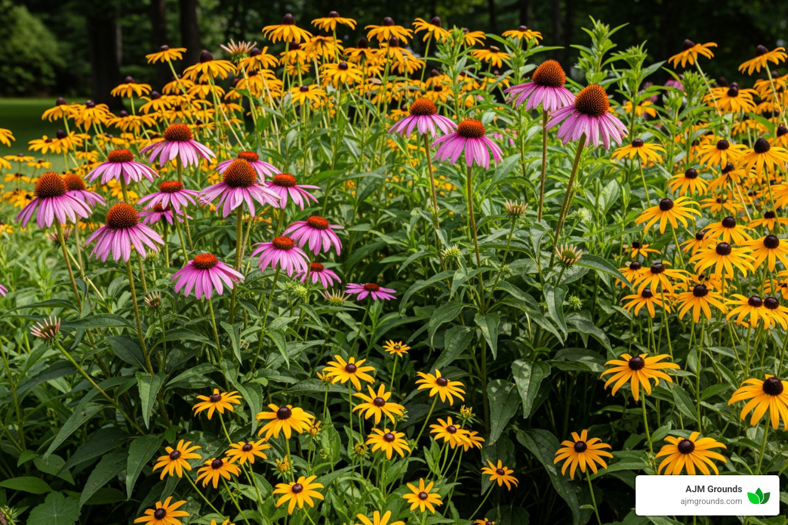 Native plant garden in Massachusetts featuring purple coneflowers and black-eyed Susans - Landscape design Lexington MA