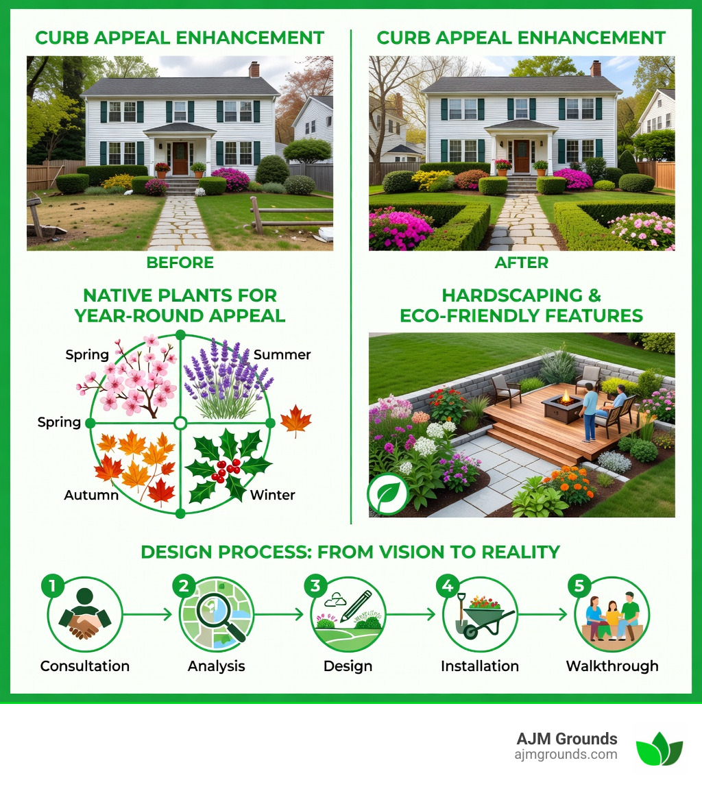 Infographic showing the key benefits of professional landscape design in Lexington MA: improved curb appeal with before/after property comparison, native plant selection suited to New England's four seasons, hardscaping features like patios and retaining walls, sustainable practices including permeable surfaces and pollinator gardens, and a step-by-step design process from consultation to final walkthrough - Landscape design Lexington MA infographic 