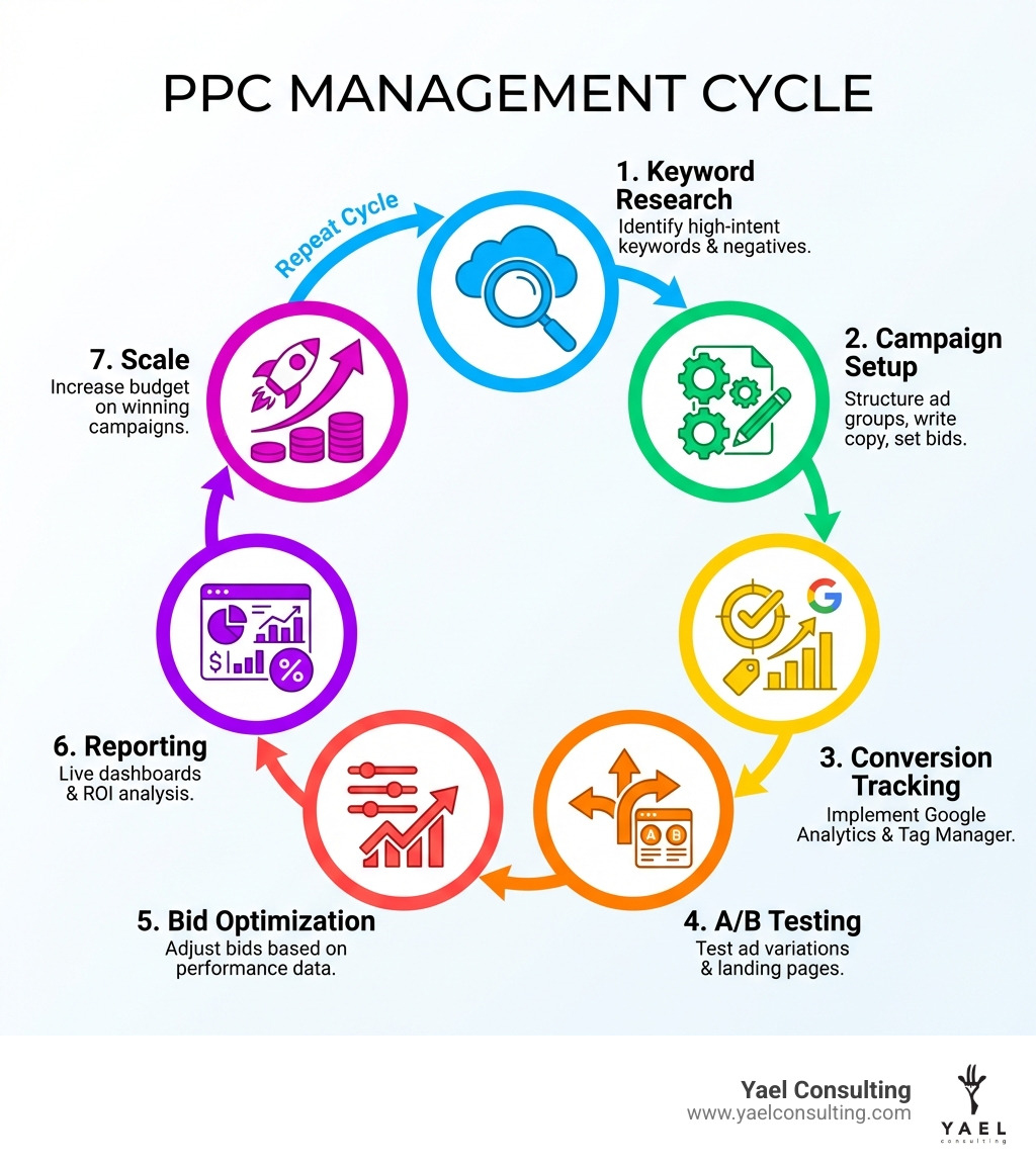 Infographic showing the PPC management cycle: 1. Keyword Research - identify high-intent keywords and negatives, 2. Campaign Setup - structure ad groups, write copy, set bids, 3. Conversion Tracking - implement Google Analytics and tag manager, 4. A/B Testing - test ad variations and landing pages, 5. Bid Optimization - adjust bids based on performance data, 6. Reporting - live dashboards and ROI analysis, 7. Scale - increase budget on winning campaigns, repeat cycle - adwords consultant los angeles infographic Infographic showing the PPC management cycle: 1. Keyword Research - identify high-intent keywords and negatives, 2. Campaign Setup - structure ad groups, write copy, set bids, 3. Conversion Tracking - implement Google Analytics and tag manager, 4. A/B Testing - test ad variations and landing pages, 5. Bid Optimization - adjust bids based on performance data, 6. Reporting - live dashboards and ROI analysis, 7. Scale - increase budget on winning campaigns, repeat cycle - adwords consultant los angeles infographic