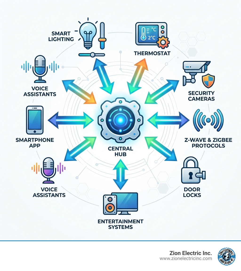 Infographic showing the connected home ecosystem: a central hub connecting to smart lighting, thermostat, security cameras, door locks, entertainment systems, and voice assistants, with arrows indicating two-way communication via smartphone app and wireless protocols like Z-Wave and Zigbee - smart home installation infographic 