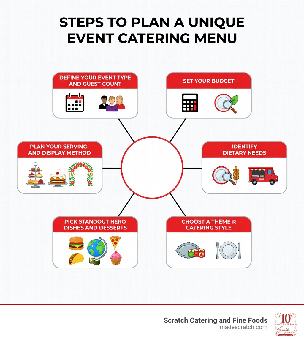 Infographic showing steps to plan a unique event catering menu: Step 1 - Define your event type and guest count; Step 2 - Set your budget; Step 3 - Identify dietary needs (gluten-free, vegan, vegetarian); Step 4 - Choose a catering style (stations, buffet, plated, food trucks); Step 5 - Select a theme or cuisine focus; Step 6 - Pick standout hero dishes and desserts; Step 7 - Plan your serving and display method for visual impact - Unique catering ideas infographic Infographic showing steps to plan a unique event catering menu: Step 1 - Define your event type and guest count; Step 2 - Set your budget; Step 3 - Identify dietary needs (gluten-free, vegan, vegetarian); Step 4 - Choose a catering style (stations, buffet, plated, food trucks); Step 5 - Select a theme or cuisine focus; Step 6 - Pick standout hero dishes and desserts; Step 7 - Plan your serving and display method for visual impact - Unique catering ideas infographic