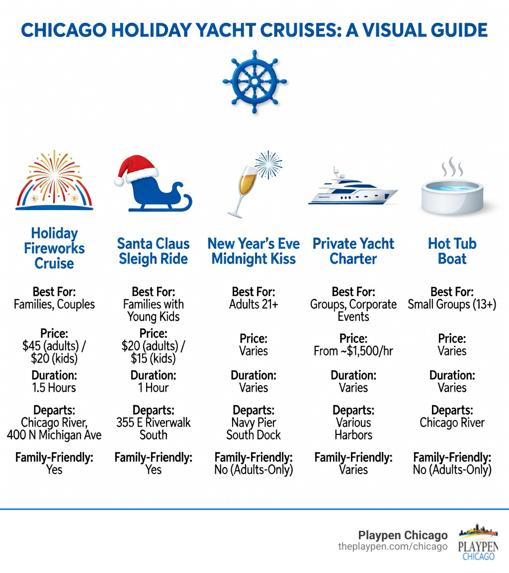 Infographic showing the five main types of Chicago holiday yacht cruises — Holiday Fireworks Cruise, Santa Claus Sleigh Ride, New Year's Eve Midnight Kiss, Private Yacht Charter, and Hot Tub Boat — with key details for each including price range, departure location, duration, who it's best for, and whether it's family-friendly or adults-only - chicago holiday yacht cruise infographic 