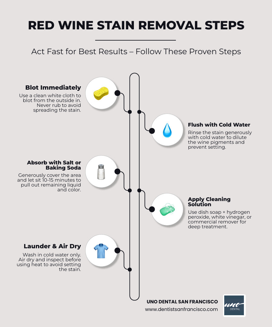 Step-by-step infographic showing red wine stain removal process: Step 1 - Blot immediately with white cloth from outside in; Step 2 - Flush with cold water; Step 3 - Cover with salt or baking soda and wait 10-15 minutes; Step 4 - Apply cleaning solution such as dish soap mixed with hydrogen peroxide; Step 5 - Launder in cold water; Step 6 - Air dry and inspect before using dryer heat - red wine stain removal infographic infographic-line-5-steps-elegant_beige Step-by-step infographic showing red wine stain removal process: Step 1 - Blot immediately with white cloth from outside in; Step 2 - Flush with cold water; Step 3 - Cover with salt or baking soda and wait 10-15 minutes; Step 4 - Apply cleaning solution such as dish soap mixed with hydrogen peroxide; Step 5 - Launder in cold water; Step 6 - Air dry and inspect before using dryer heat - red wine stain removal infographic infographic-line-5-steps-elegant_beige