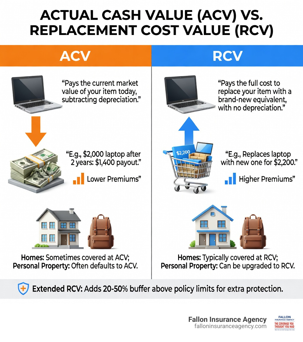 Infographic comparing actual cash value vs replacement cost value: ACV subtracts depreciation (e.g., $2,000 laptop paid out at $1,400 after 2 years), RCV pays full new replacement cost ($2,200); ACV has lower premiums, RCV has higher premiums; homes typically covered at RCV, personal property defaults to ACV; extended RCV adds 20-50% buffer above policy limits - actual cash value vs replacement infographic 