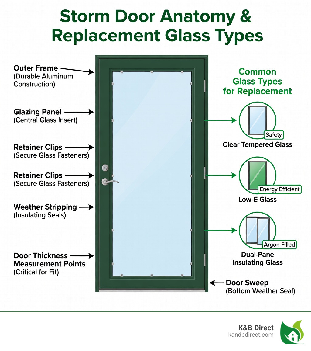 Infographic showing storm door anatomy with labeled components: outer frame, glazing panel, retainer clips, weather stripping, door thickness measurement points, and common glass types including clear tempered, Low-E, and dual-pane insulating, with arrows pointing to where each component is located on the door - where to buy replacement glass for storm door infographic 