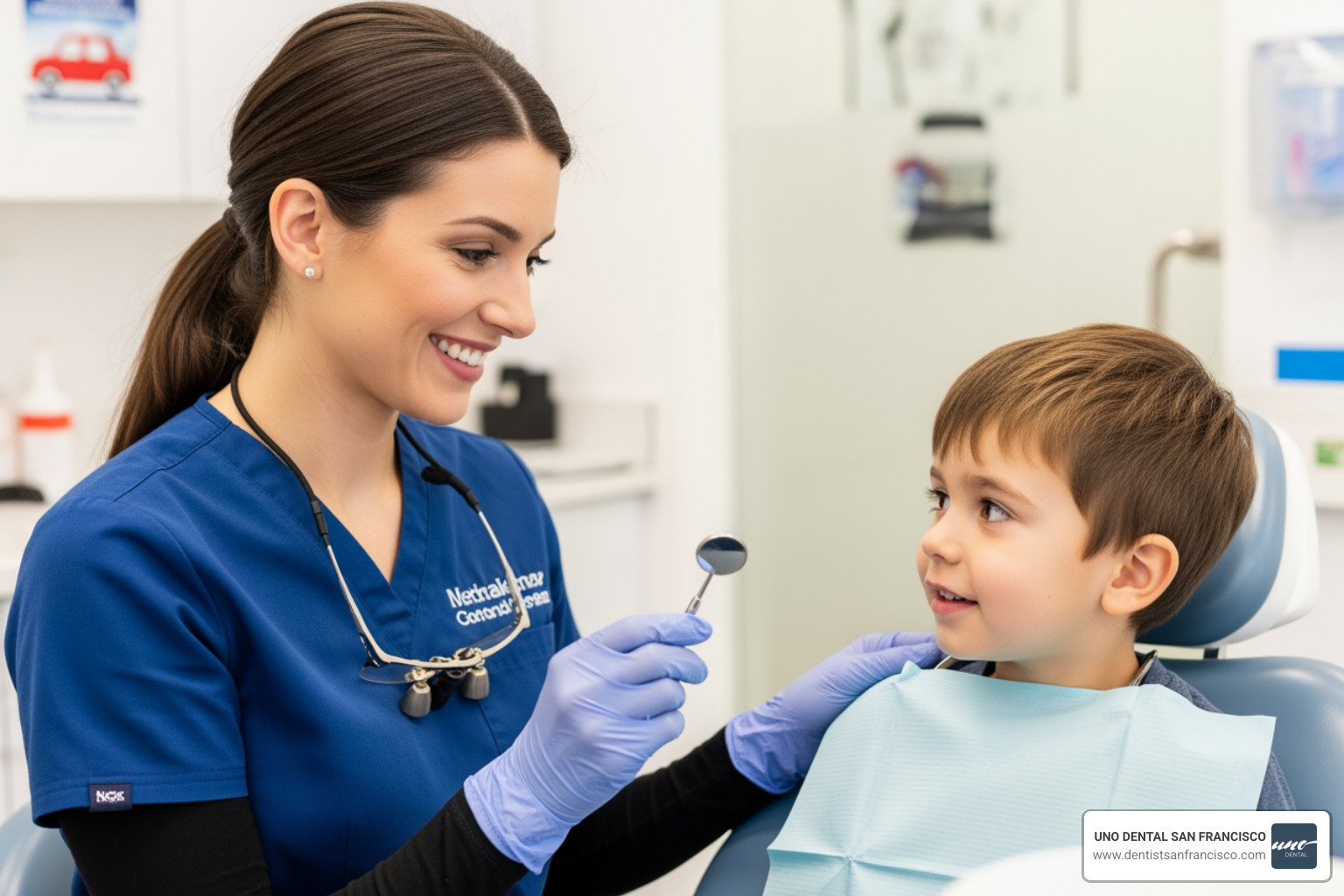 Dentist showing a child a dental tool in a friendly, non-threatening way, helping to build trust before a procedure - child dental sedation Dentist showing a child a dental tool in a friendly, non-threatening way, helping to build trust before a procedure - child dental sedation