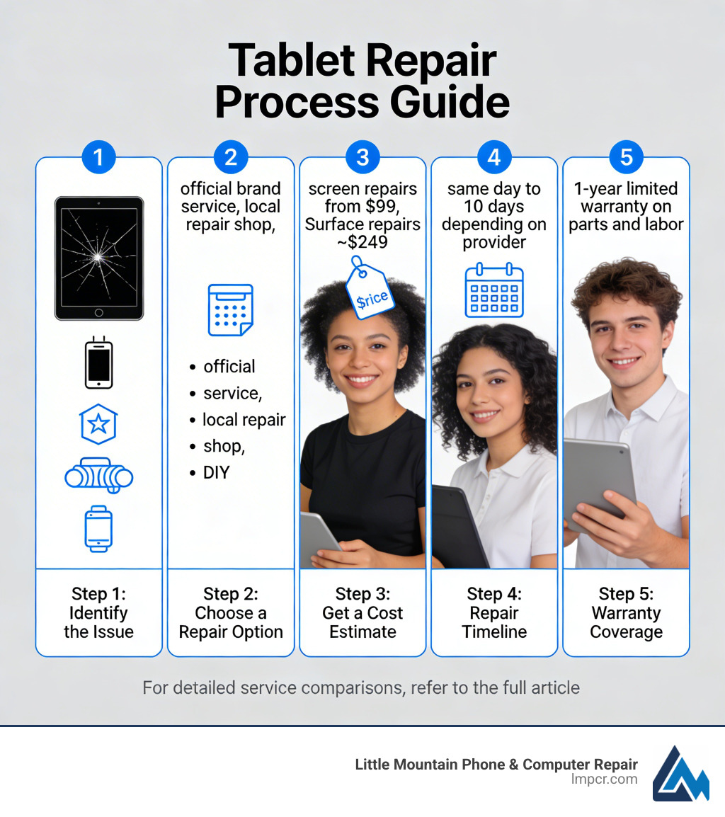 Infographic showing the tablet repair process: step 1 identify the issue (cracked screen, dead battery, water damage, charging port), step 2 choose a repair option (official brand service, local repair shop, DIY), step 3 get a cost estimate (screen repairs from $99, Surface repairs ~$249), step 4 repair timeline (same day to 10 days depending on provider), step 5 warranty coverage (most reputable services offer 1-year limited warranty on parts and labor) - tablet repair infographic Infographic showing the tablet repair process: step 1 identify the issue (cracked screen, dead battery, water damage, charging port), step 2 choose a repair option (official brand service, local repair shop, DIY), step 3 get a cost estimate (screen repairs from $99, Surface repairs ~$249), step 4 repair timeline (same day to 10 days depending on provider), step 5 warranty coverage (most reputable services offer 1-year limited warranty on parts and labor) - tablet repair infographic