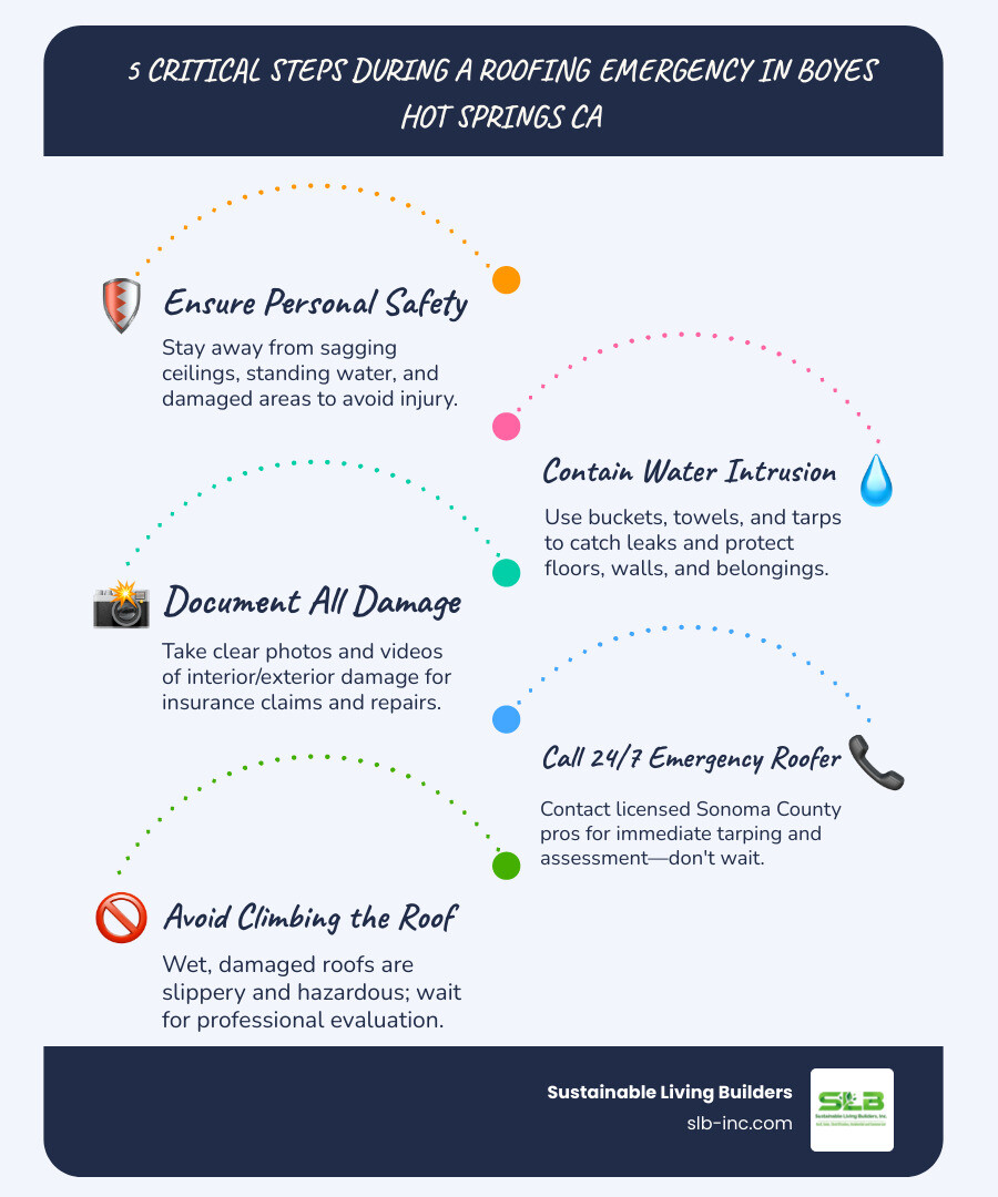 Infographic showing 5 critical steps during a roofing emergency in Boyes Hot Springs CA: Step 1 - Ensure personal safety and avoid damaged areas; Step 2 - Contain water intrusion with buckets and towels; Step 3 - Document all damage with photos and video; Step 4 - Call a licensed 24/7 emergency roofer in Sonoma County; Step 5 - Avoid climbing the roof and wait for professional assessment - emergency roofing repair in boyes hot springs ca infographic infographic-line-5-steps-blues-accent_colors