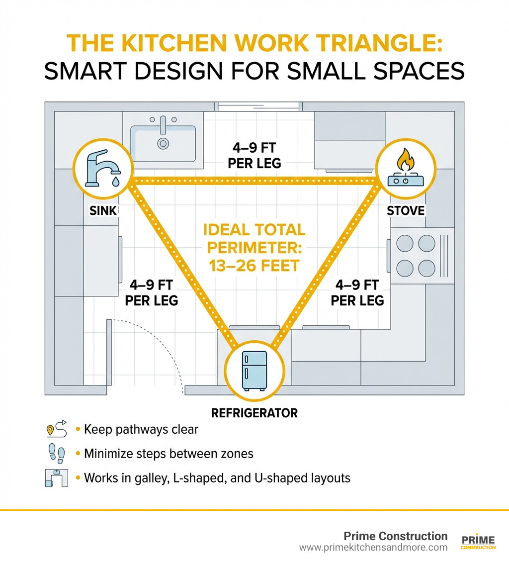 Infographic showing the kitchen work triangle concept in a compact layout: three labeled zones — Sink, Stove, and Refrigerator — connected by dotted lines forming a triangle, with annotations showing ideal distances of 4–9 feet per leg, total perimeter between 13–26 feet, and tips such as 'Keep pathways clear', 'Minimize steps between zones', and 'Works in galley, L-shaped, and U-shaped layouts' - Small kitchen remodel infographic 