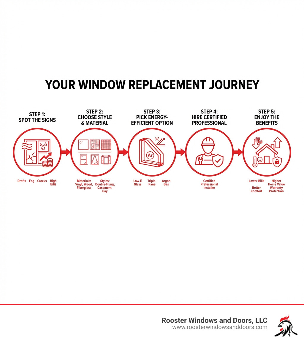 Infographic showing the window replacement journey: Step 1 - Spot the signs (drafts, fog, cracks, high bills); Step 2 - Choose your window style and material (vinyl, wood, fiberglass; double-hung, casement, bay); Step 3 - Pick an energy-efficient option (Low-E glass, triple-pane, Argon gas); Step 4 - Hire a certified professional installer; Step 5 - Enjoy the benefits (lower bills, better comfort, higher home value, warranty protection) - window replacement services infographic 
