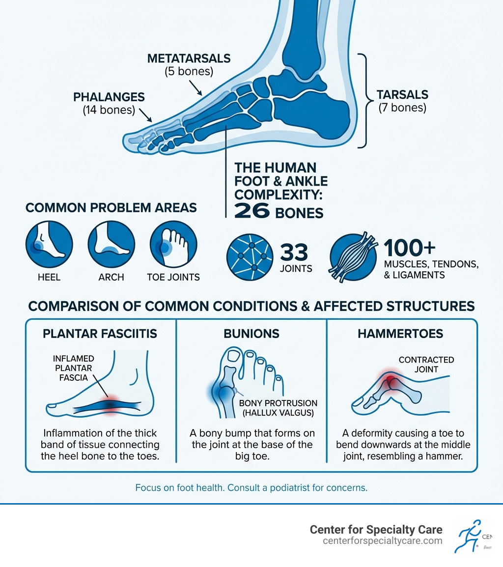 Infographic showing the complexity of the human foot and ankle: labeled diagram of 26 bones including phalanges, metatarsals, tarsals; 33 joints; 100+ muscles, tendons, and ligaments; common problem areas including heel, arch, and toe joints; and a side-by-side comparison of common conditions like plantar fasciitis, bunions, and hammertoes with their affected structures - podiatrist fairmont mn infographic 