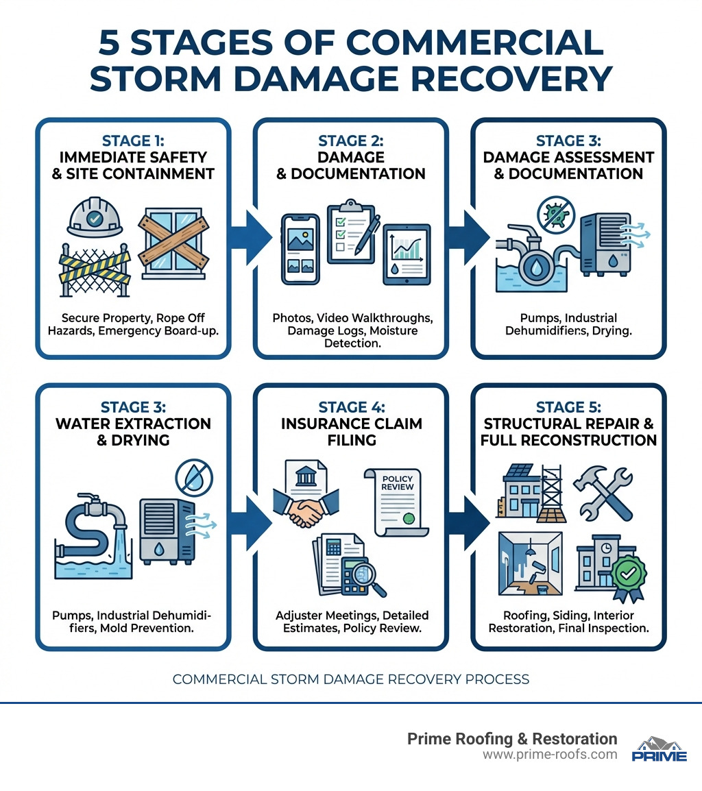 Infographic showing 5 stages of commercial storm damage recovery: Stage 1 - Immediate Safety and Site Containment (secure the property, rope off hazards, emergency board-up); Stage 2 - Damage Assessment and Documentation (photos, video walkthroughs, damage logs, moisture detection); Stage 3 - Water Extraction and Drying (pumps, industrial dehumidifiers, mold prevention); Stage 4 - Insurance Claim Filing (adjuster meetings, detailed estimates, policy review); Stage 5 - Structural Repair and Full Reconstruction (roofing, siding, interior restoration, final inspection) - commercial storm damage infographic 