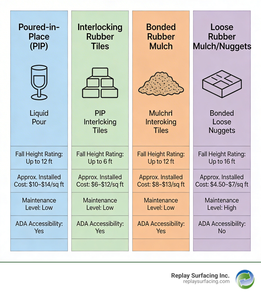 Infographic showing the four main types of outdoor rubber playground surfaces — Poured-in-Place, Interlocking Tiles, Bonded Rubber Mulch, and Loose Rubber Mulch — with each type's fall height rating, approximate installed cost per square foot, maintenance level, and ADA accessibility status displayed in a side-by-side comparison layout - outdoor rubber playground surface infographic Infographic showing the four main types of outdoor rubber playground surfaces — Poured-in-Place, Interlocking Tiles, Bonded Rubber Mulch, and Loose Rubber Mulch — with each type's fall height rating, approximate installed cost per square foot, maintenance level, and ADA accessibility status displayed in a side-by-side comparison layout - outdoor rubber playground surface infographic