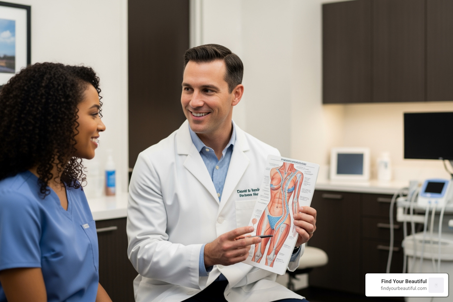 Plastic surgeon explaining a body contouring procedure to a patient during a consultation - liposuction near me Plastic surgeon explaining a body contouring procedure to a patient during a consultation - liposuction near me