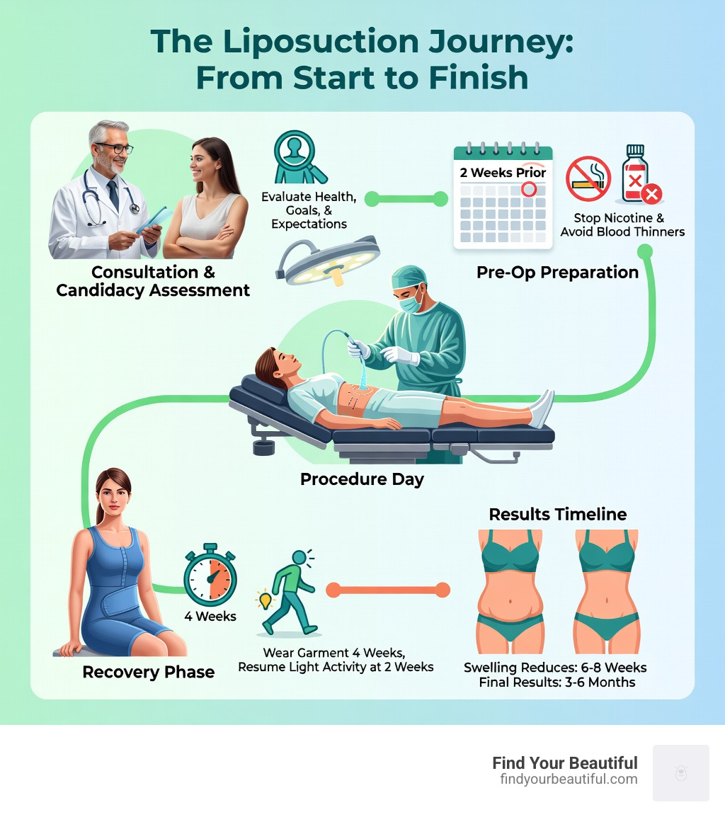 Infographic showing the liposuction journey from initial consultation through procedure day to final results at 3-6 months, including steps: consultation and candidacy assessment, pre-op preparation (stop nicotine 2 weeks prior, avoid blood thinners), procedure day (tumescent fluid, cannula fat removal, small hidden incisions), recovery phase (compression garment for 4 weeks, resume light activity in 2 weeks), and results timeline (swelling reduces at 6-8 weeks, final contour visible at 3-6 months) - liposuction near me infographic Infographic showing the liposuction journey from initial consultation through procedure day to final results at 3-6 months, including steps: consultation and candidacy assessment, pre-op preparation (stop nicotine 2 weeks prior, avoid blood thinners), procedure day (tumescent fluid, cannula fat removal, small hidden incisions), recovery phase (compression garment for 4 weeks, resume light activity in 2 weeks), and results timeline (swelling reduces at 6-8 weeks, final contour visible at 3-6 months) - liposuction near me infographic