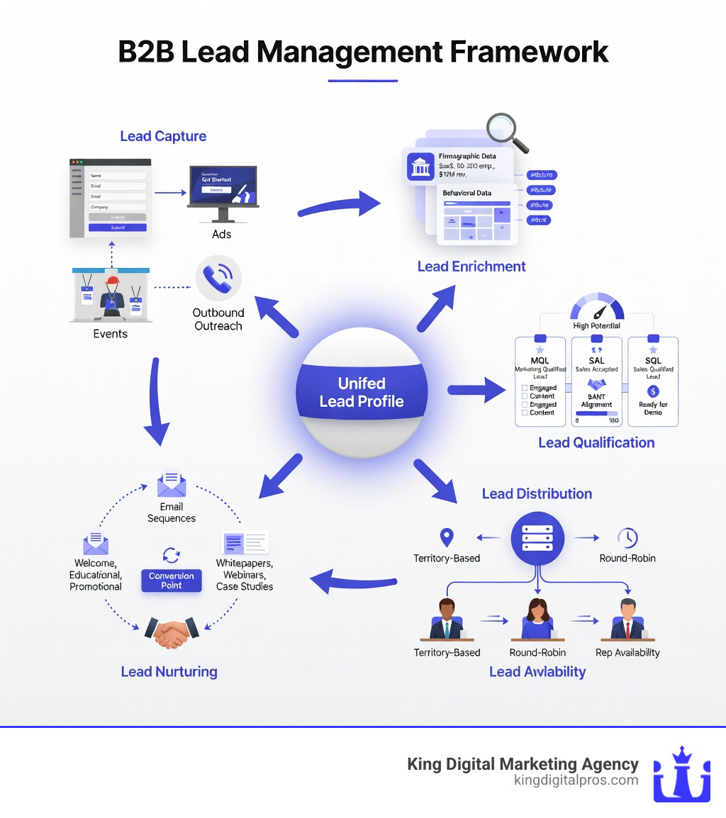 B2B Lead Management Framework Infographic Showing The 5 Stages: Lead Capture With Sources Like Web Forms, Ads, And Events; Lead Enrichment With Firmographic And Behavioral Data Layered Onto The Lead Profile; Lead Qualification With Mql, Sal, And Sql Categories And Scoring Criteria; Lead Distribution With Routing Rules Like Territory, Round-Robin, And Rep Availability; And Lead Nurturing With Email Sequences, Content Types, And Conversion Triggers Leading To The Final Sale - B2B Lead Management Infographic 