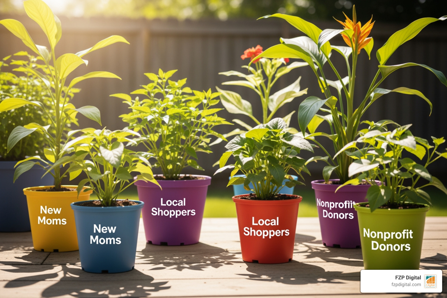 A growing digital garden with various plants labeled as different subscriber segments, representing a healthy and diverse email database - email list building strategies A growing digital garden with various plants labeled as different subscriber segments, representing a healthy and diverse email database - email list building strategies