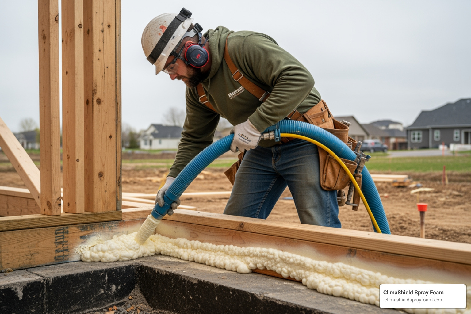 Professional installing spray foam insulation in a rim joist to seal air leaks and prevent heat loss at the foundation line - residential insulation