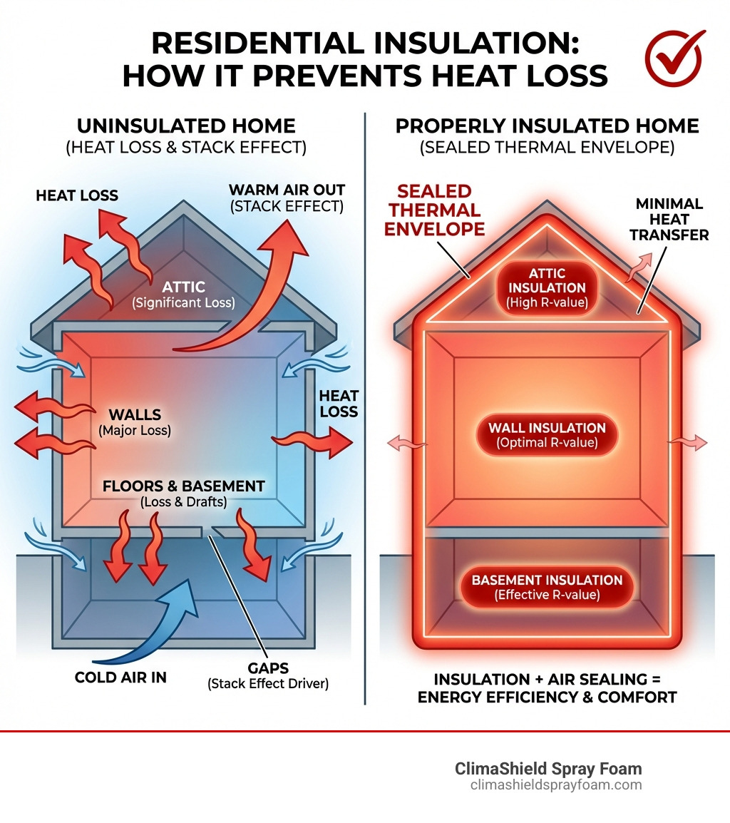 Infographic showing how residential insulation prevents heat loss: left side shows an uninsulated home with arrows indicating heat escaping through walls, attic, floors, and the "stack effect" driving warm air up and out through gaps at the top while cold air enters at the bottom; right side shows a properly insulated home with a sealed thermal envelope, labeled R-value zones for attic, walls, and basement, and dramatically reduced heat transfer arrows - residential insulation infographic 