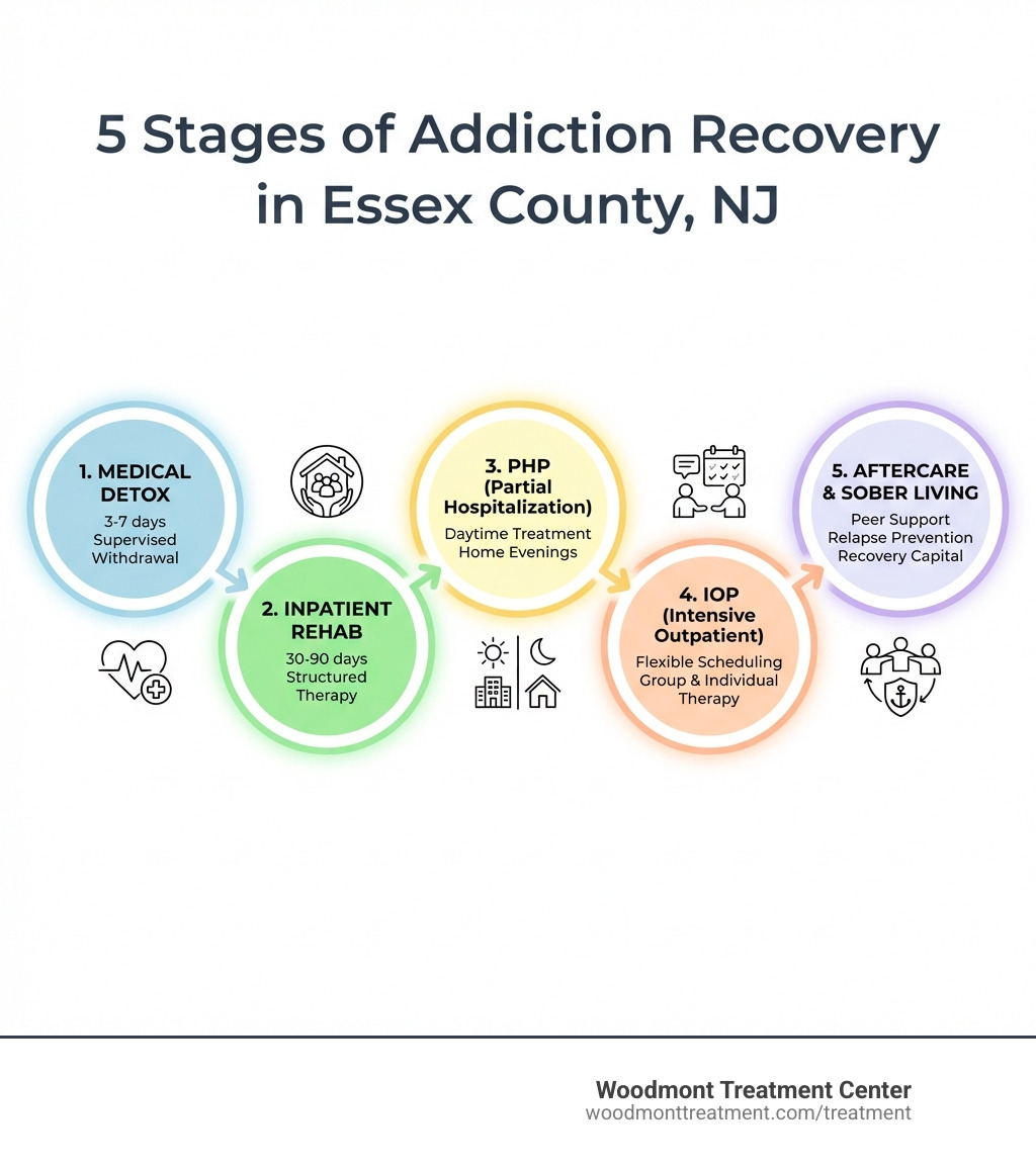 Infographic showing the 5 stages of addiction recovery in Essex County NJ: Stage 1 - Medical Detox (3-7 days, supervised withdrawal); Stage 2 - Inpatient or Residential Rehab (30-90 days, structured therapy); Stage 3 - Partial Hospitalization Program or PHP (daytime treatment, return home evenings); Stage 4 - Intensive Outpatient Program or IOP (flexible scheduling, group and individual therapy); Stage 5 - Aftercare and Sober Living (peer support, relapse prevention, recovery capital) - Drug and Alcohol detox in Essex County NJ  infographic 