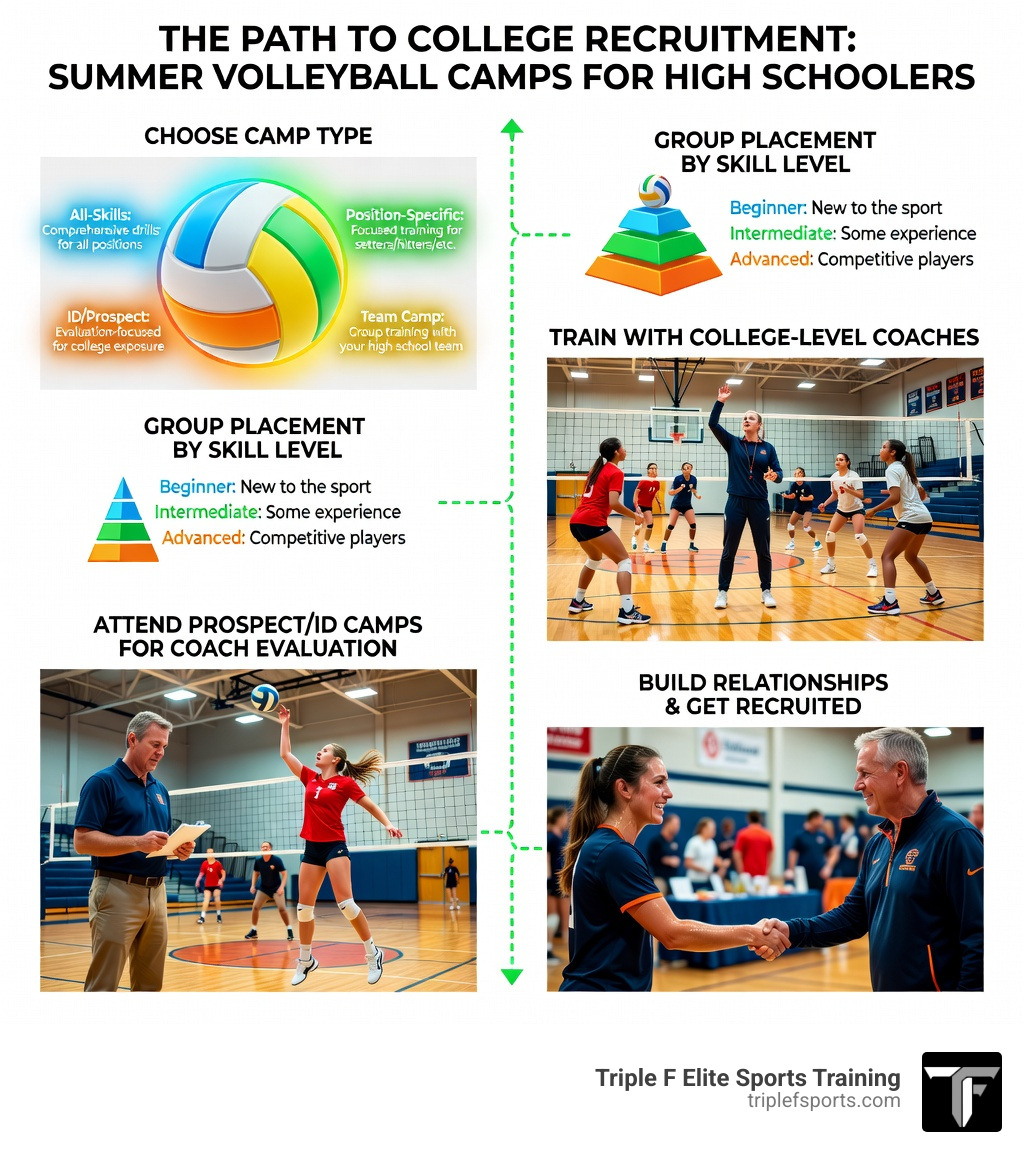 Infographic showing the step-by-step path from attending summer volleyball camps for high schoolers to college recruitment: Step 1 - Choose camp type (all-skills, position-specific, ID/prospect, team camp); Step 2 - Group placement by skill level (beginner, intermediate, advanced); Step 3 - Train with college-level coaches; Step 4 - Attend prospect/ID camps for coach evaluation; Step 5 - Build relationships and get recruited - summer volleyball camps for high schoolers infographic Infographic showing the step-by-step path from attending summer volleyball camps for high schoolers to college recruitment: Step 1 - Choose camp type (all-skills, position-specific, ID/prospect, team camp); Step 2 - Group placement by skill level (beginner, intermediate, advanced); Step 3 - Train with college-level coaches; Step 4 - Attend prospect/ID camps for coach evaluation; Step 5 - Build relationships and get recruited - summer volleyball camps for high schoolers infographic